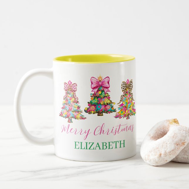 Tasse 2 Couleurs Preppy Pink and Green Christmas Trees (Avec donut)
