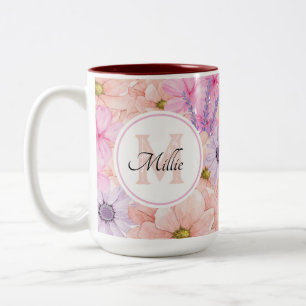 Tasse 2 Couleurs Pretty Pink Watercolor Flowers Monogrammé pour ell