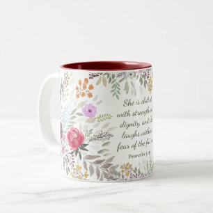 Tasse 2 Couleurs Proverbes 31:25 Bible Verse Aquarelle florale
