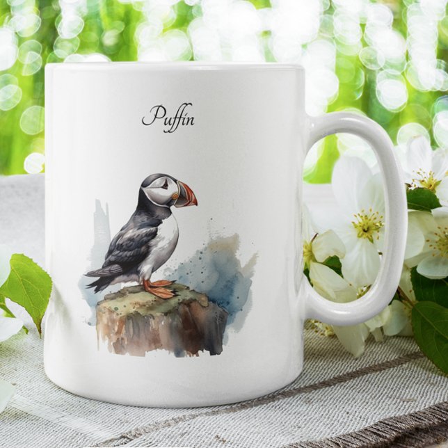 Tasse 2 Couleurs Puffin sur une aquarelle rocheuse, personnalisé (Créateur téléchargé)