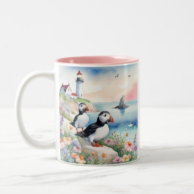 Tasse 2 Couleurs Puffins by the Sea - Ocean Flowers & Lighthouse (Gauche)