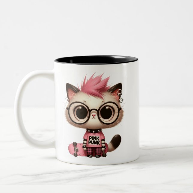 Tasse 2 Couleurs Punk Rock Chat avec Skateboard | Cute Rebel Kitty (Gauche)