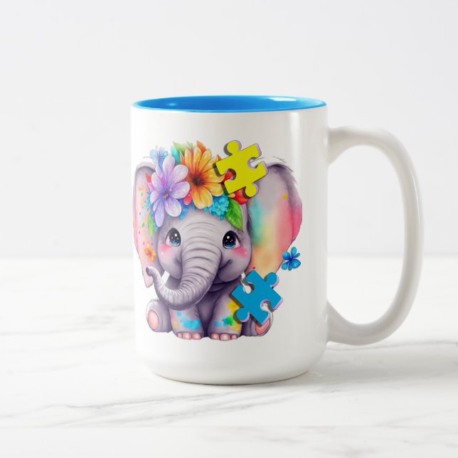 Tasse 2 Couleurs Puzzle de l'éléphant autiste (Droit)
