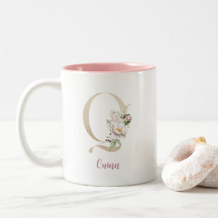 Tasse 2 Couleurs Q Lettre Dorée, Monogramme Q, Cadeau Floral Rose P