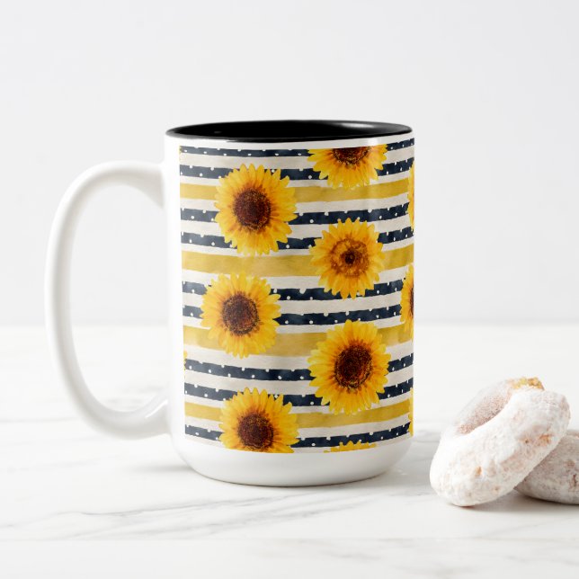 Tasse 2 Couleurs Rayures de Tournesol Navy & Jaune  (Avec donut)