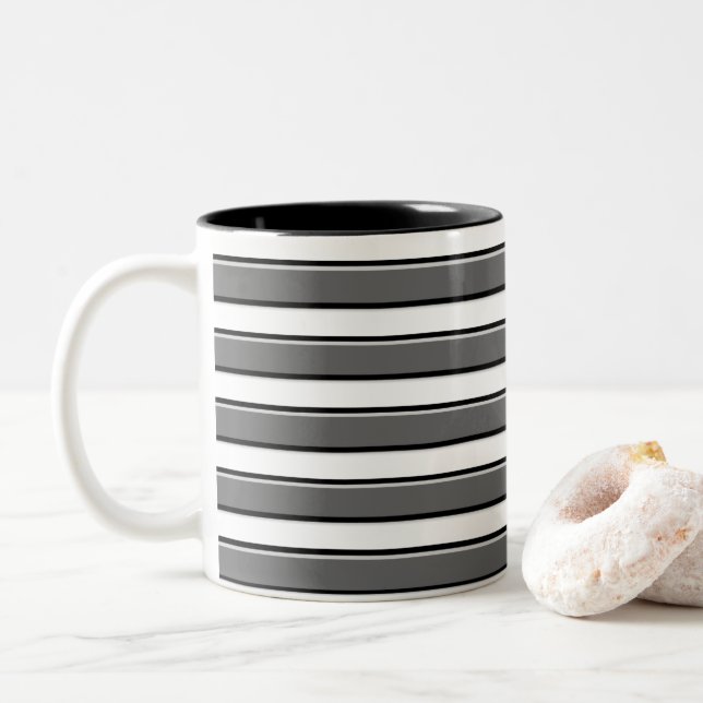 Tasse 2 Couleurs Rayures horizontales noires et grises sur fond bla (Avec donut)
