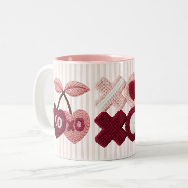 Tasse 2 Couleurs Rayures roses XOXO Cerise  (Devant gauche)