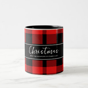 Tasse 2 Couleurs Red Buffalo Plaid Minimaliste Noël Nom de famille