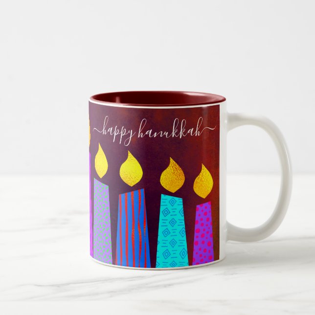 Tasse 2 Couleurs Red Menorah bougies Happy Hanoukka Script Bold (Droit)