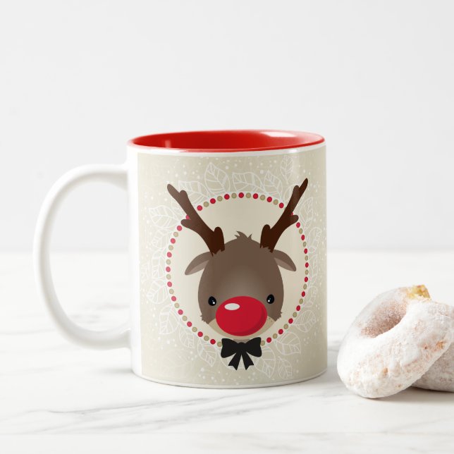 Tasse 2 Couleurs REINDEER CHRISTMAS mignon nez rouge rudolph ivoire (Avec donut)