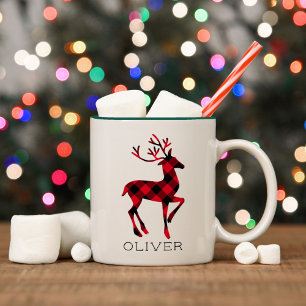 Tasse 2 Couleurs Reindeer Red Buffalo Plaid Noël personnalisé