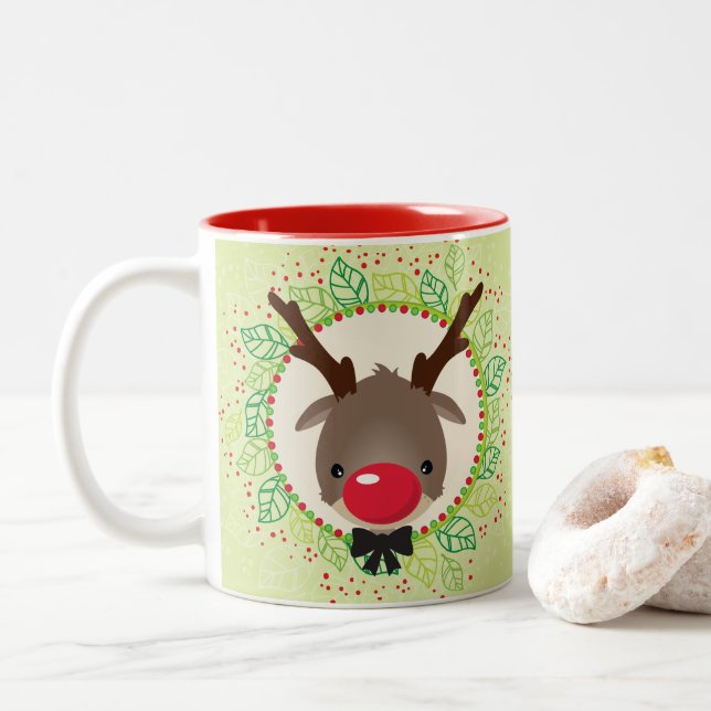 Tasse 2 Couleurs RÉINDEUR NOËL mignon nez rouge rudolph vert (Avec donut)