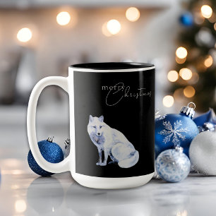 Tasse 2 Couleurs Renard arctique à l'aquarelle Joyeux Noël Noir