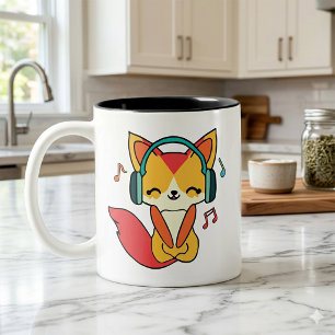 Tasse 2 Couleurs Renard heureux avec casque audio écoutant de la mu