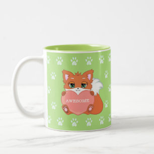 Tasse 2 Couleurs Renard Mignon Tenant un Cœur & Motif de Patte