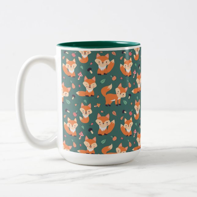 Tasse 2 Couleurs Renards sur vert de forêt, motif mignon (Gauche)