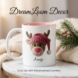 Tasse 2 Couleurs Renne de Noël Rose Personnalisé Nom