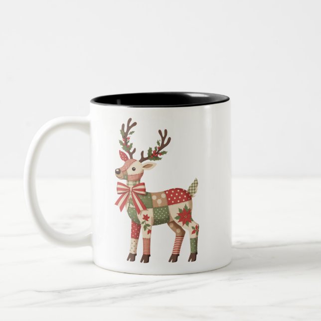 Tasse 2 Couleurs Renne en patchwork brodé de Noël Animal (Gauche)