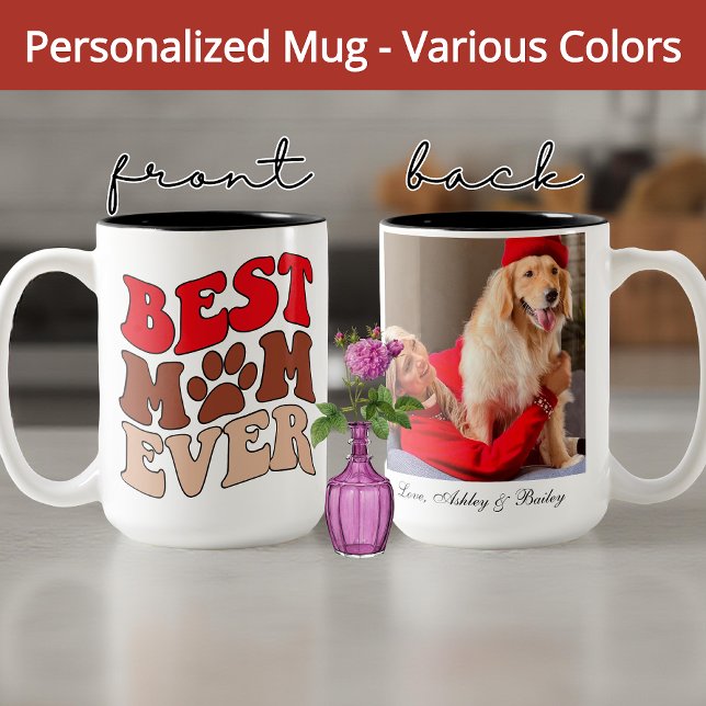 Tasse 2 Couleurs Retro Chien Maman Mug, Photo personnalisée Cadeau  (best dog mom ever mug, retro dog mom mug, dog mom gift, dog lover mug, pet mom mug, best mom ever)
