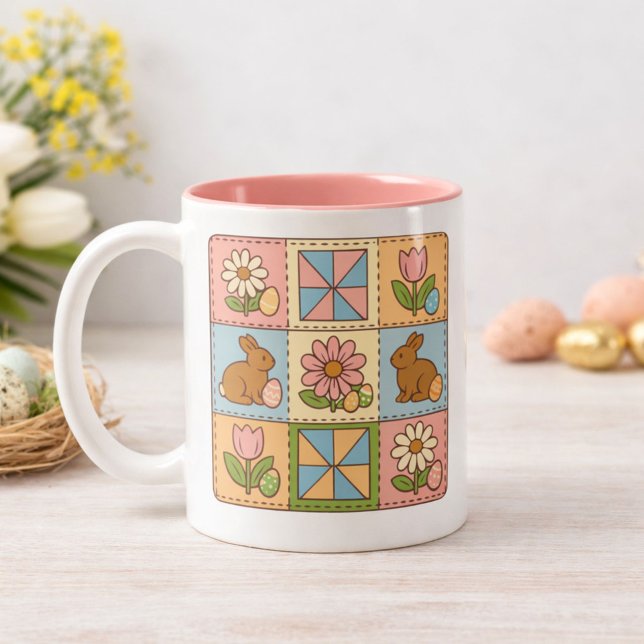 Tasse 2 Couleurs Retro Easter Bunny Floral Quilt Pattern  (Créateur téléchargé)