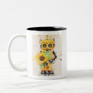 Tasse 2 Couleurs Robot de jouet jaune tenant un tournesol