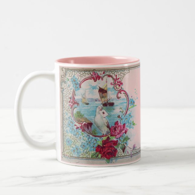TASSE 2 COULEURS ROMANTICA, ROSES FLORAUX VERT BLEU AVEC DOUCHE (Gauche)