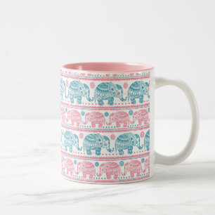 Tasse 2 Couleurs Rose et motif ethnique turquoise d'éléphant