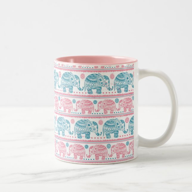 Tasse 2 Couleurs Rose et motif ethnique turquoise d'éléphant (Droit)