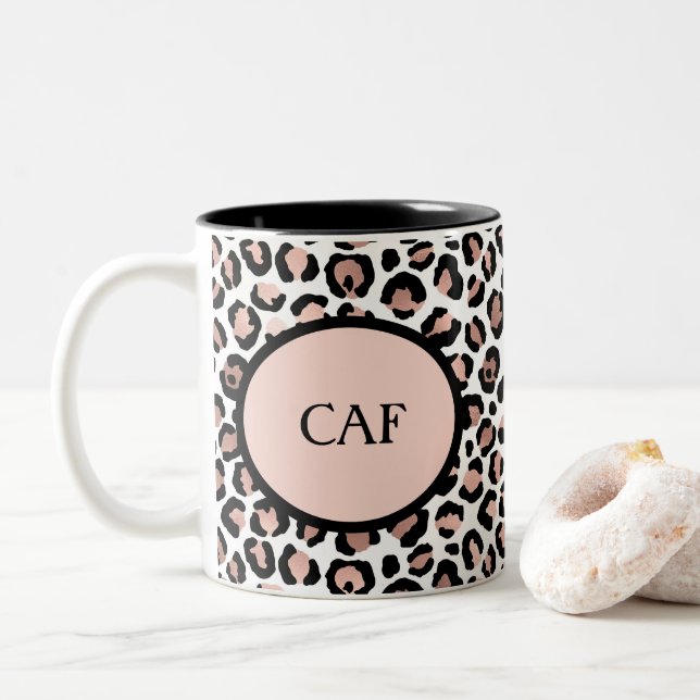 Tasse 2 Couleurs Rose Gold Monogrammé Imprimé Léopard Noir Guépard  (Avec donut)