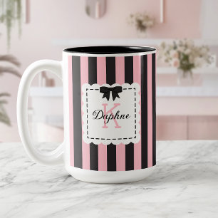 Tasse 2 Couleurs Rose Prépa Rayures Noires Nœud Monogrammé