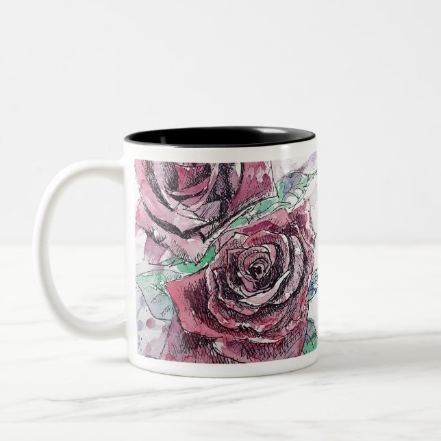Tasse 2 Couleurs Rose rouge Fleurs d'aquarelle peinture florale (Gauche)