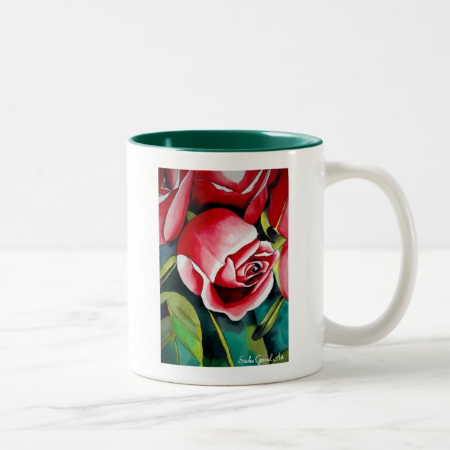 Tasse 2 Couleurs Rosebud rose aquarelle peinture art fleur (Droit)