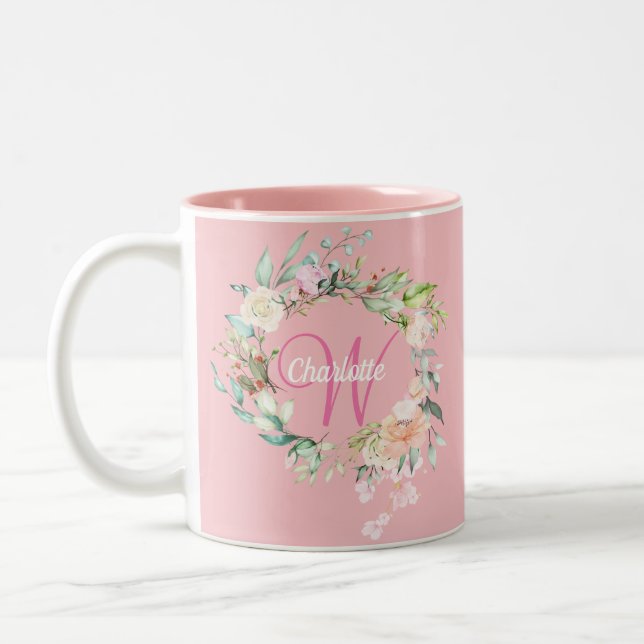 Tasse 2 Couleurs Roses Floral Élégant Monogramme Rose (Gauche)