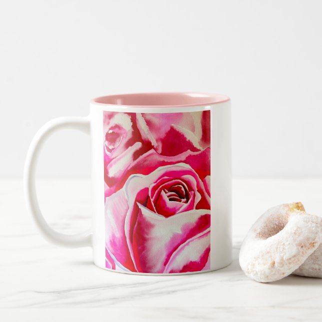 Tasse 2 Couleurs Roses roses rose aquarelle art (Avec donut)