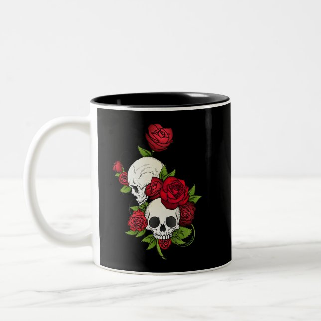 Tasse 2 Couleurs Roses rouges et crânes Joyeux Jour des Morts (Gauche)