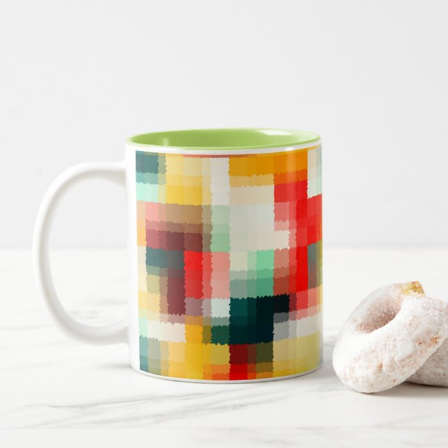 Tasse 2 Couleurs Rouge bleu vert jaune blanc Motif Abstrait (Avec donut)