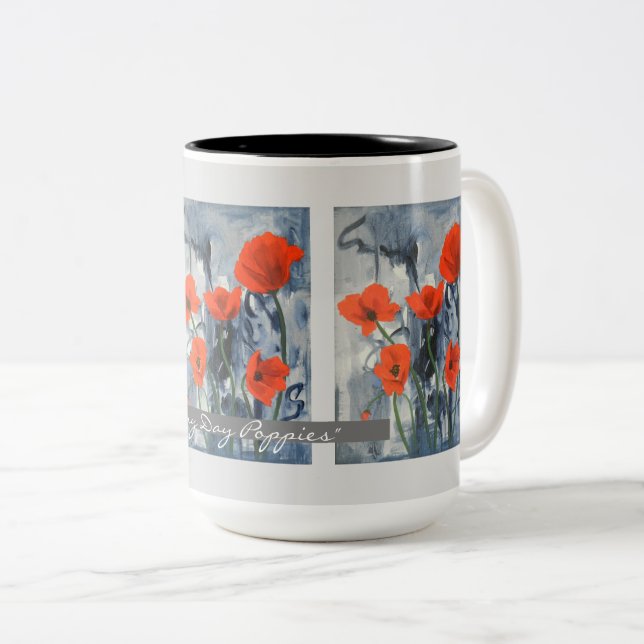 Tasse 2 Couleurs Rouge Poppies Fleur Art Customisé (Devant droit)