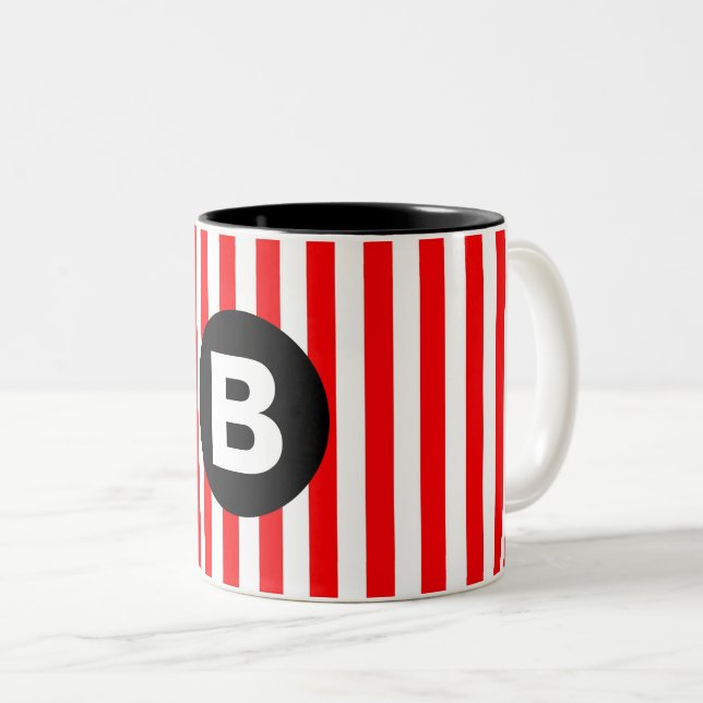 Tasse 2 Couleurs Rouges Blancs Rayures Verticales Monogramme Noir (Devant droit)