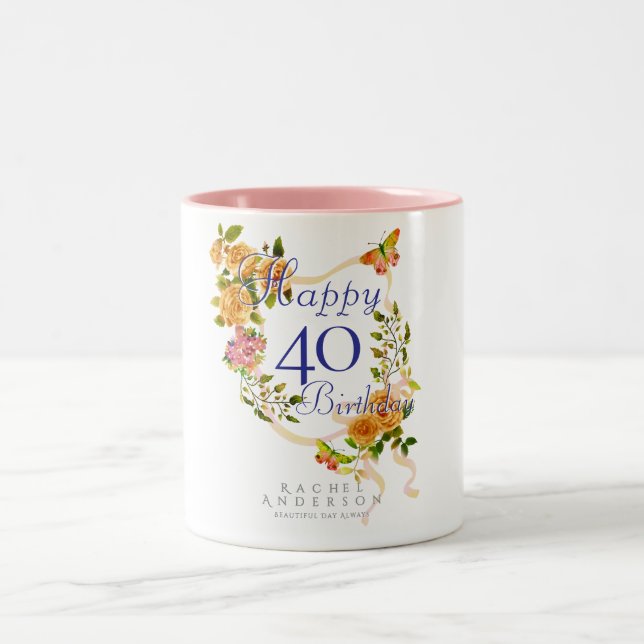 Tasse 2 Couleurs Ruban de rose dorée 40e anniversaire (Centre)