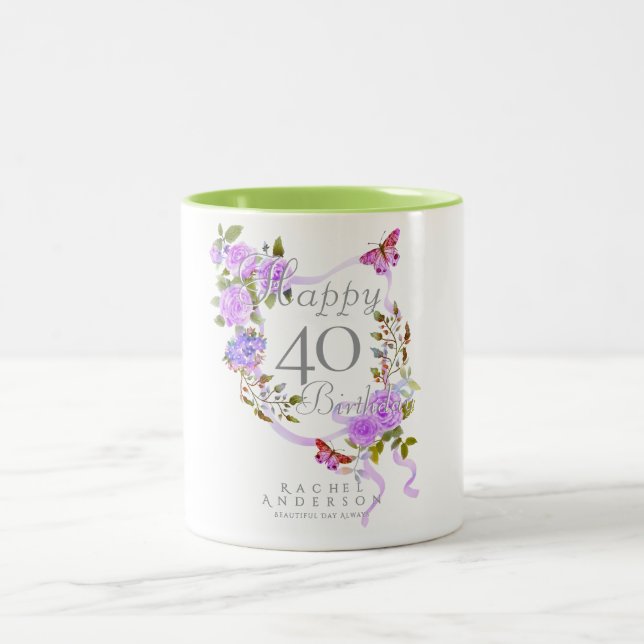 Tasse 2 Couleurs Ruban de rose violette 40e anniversaire (Centre)
