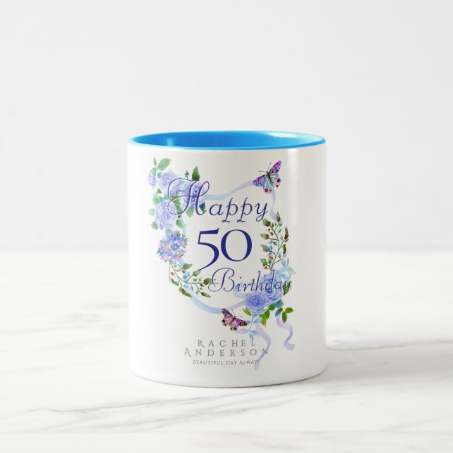 Tasse 2 Couleurs Ruban Rose Bleu Anniversaire 50 ans (Centre)