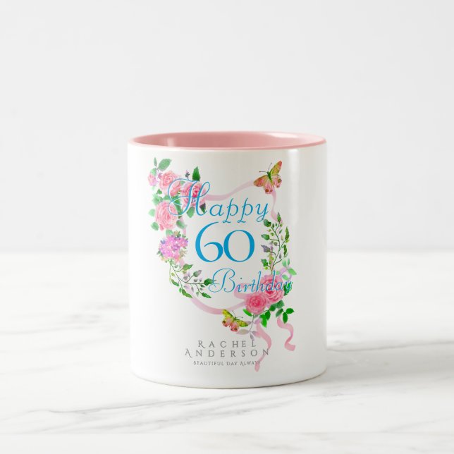 Tasse 2 Couleurs Ruban Rose Rose 60e Anniversaire (Centre)