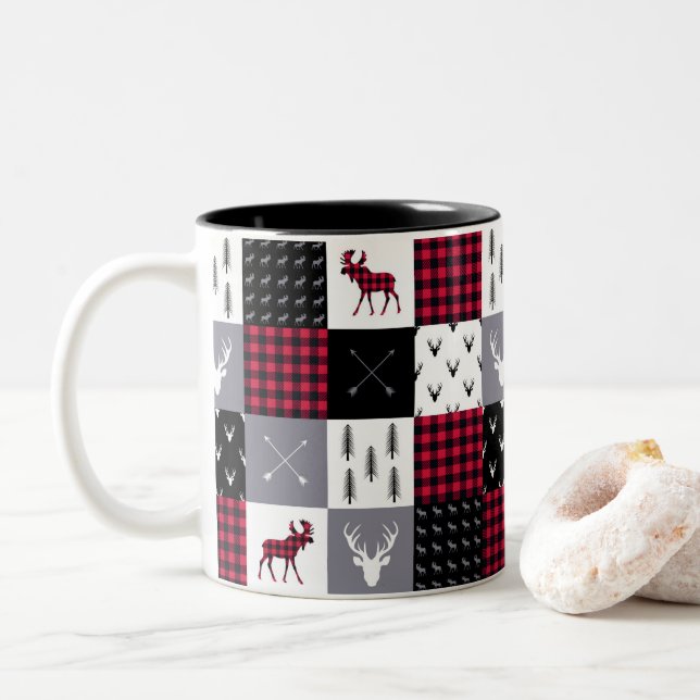 Tasse 2 Couleurs Rustique Noël rouge blanc à carreaux plaid patchwo (Avec donut)