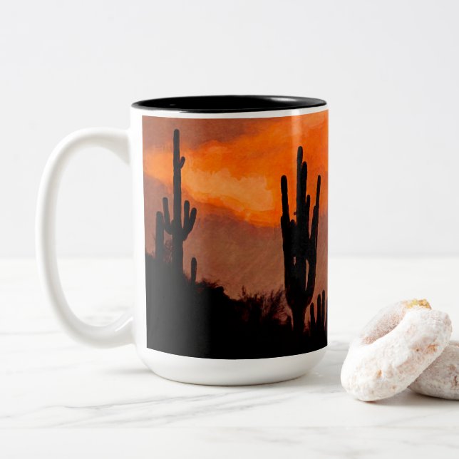 Tasse 2 Couleurs Saguaro Cactus Silhouette Arizona Red Sunset (Avec donut)