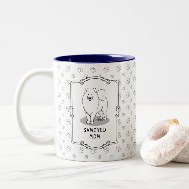 Tasse 2 Couleurs Samoyed Maman (blanc) Mignonne Fun Chien Maman (Avec donut)