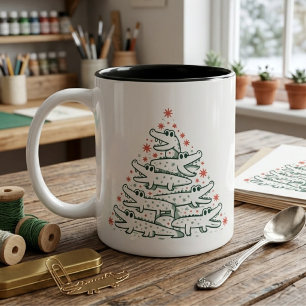 Tasse 2 Couleurs Sapins de Noël Flocons de Neige Alligator Vert et