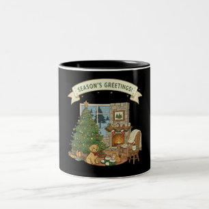 Tasse 2 Couleurs Scène de cheminée cosy vintage de Noël avec chien