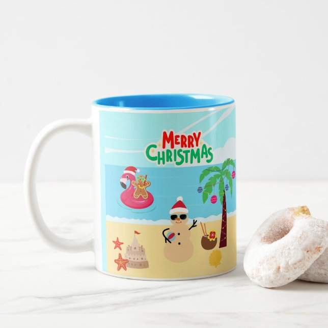 Tasse 2 Couleurs Scène de Noël de plage (Avec donut)