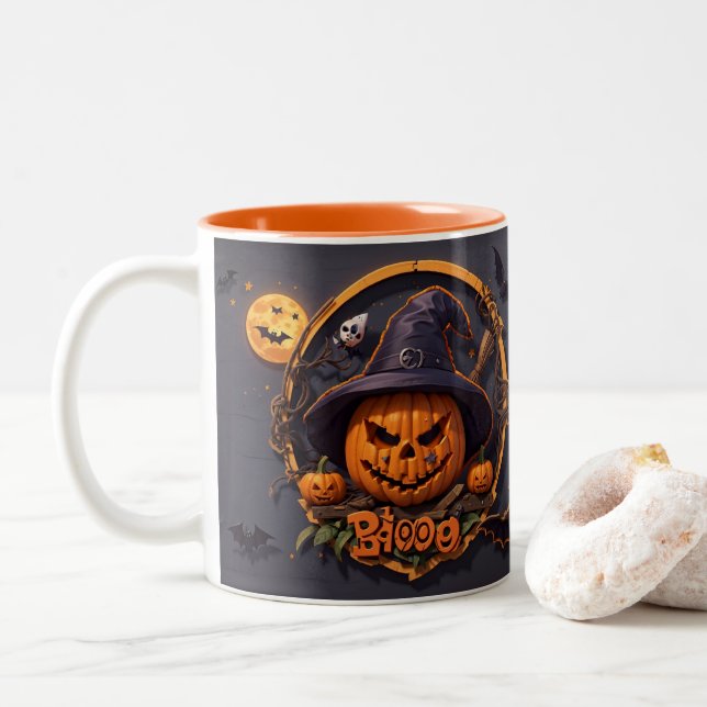 Tasse 2 Couleurs Scène d'Halloween 3D avec Citrouille, Crâne, Sorci (Avec donut)
