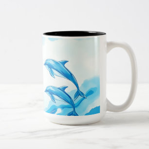 Tasse 2 Couleurs Scène océanique avec dauphins en aquarelle